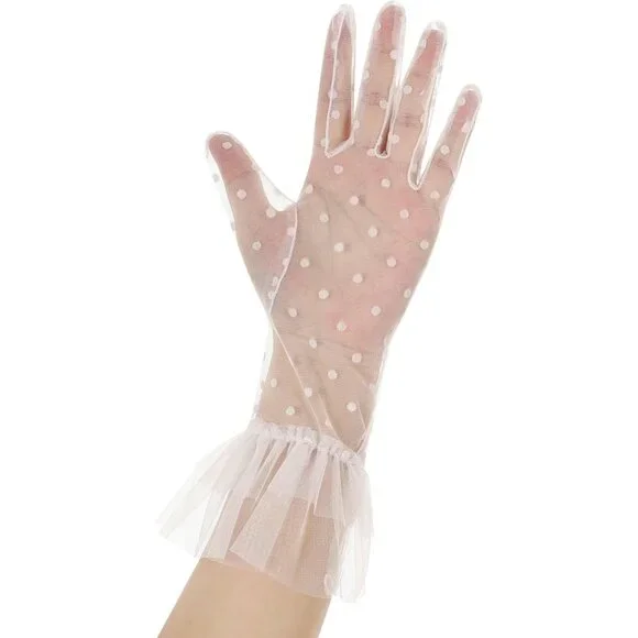 Women's Lvory 07 Floral Short Length Lace Tulle Mesh Wrist Wedding Party Gloves - Picture 3 of 7